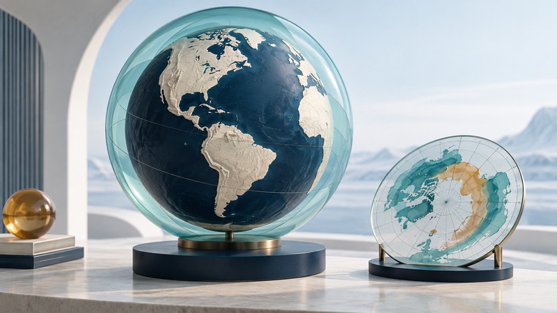 A conceptual globe with a thin teal atmospheric shell stands beside an abstract polar data disc.