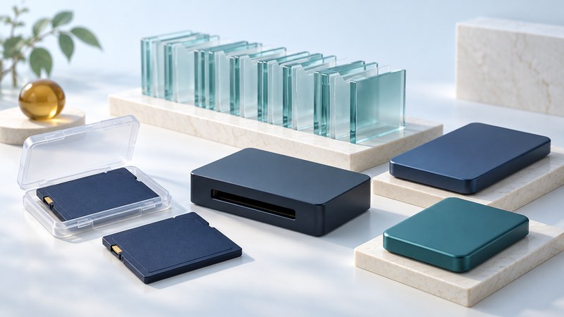 Conceptual video memory cards, a reader and two backup drives sit beside glass file blocks.