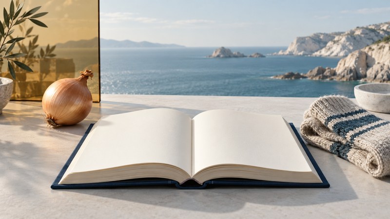 An open blank book rests beside an onion and knitted socks, with a blue sea beyond an amber glass panel.