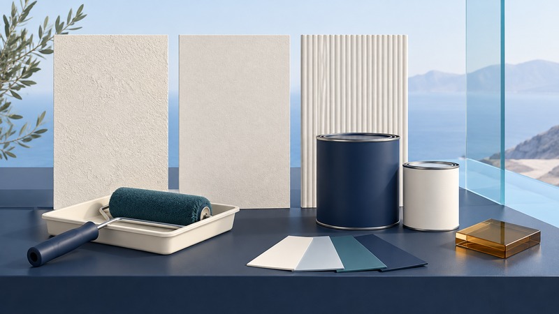 Dry wall samples stand beside closed paint cans and a teal roller in an ivory tray.