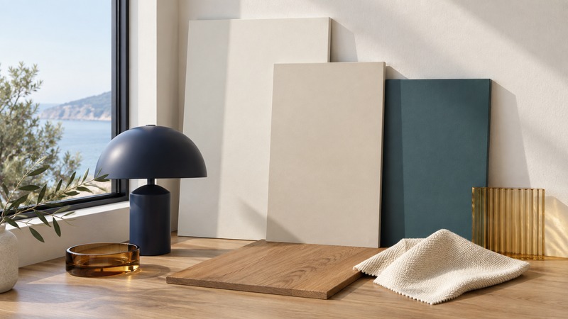 Ivory and teal paint sample boards stand beside a navy lamp, wood sample, and cream fabric near a window.
