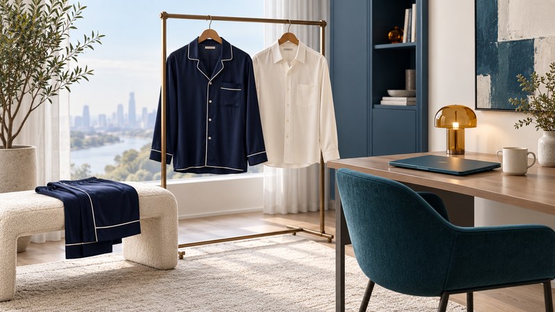 A navy pajama shirt and ordinary ivory work shirt hang beside a desk and folded pajama trousers.