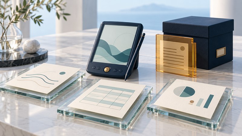 A classic PDA stands beside document sheets, a table grid, a chart and an archive box.