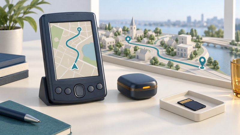 A classic handheld displays a conceptual route beside a separate GPS receiver, memory card and miniature streets.