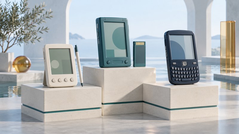 Three stylized handhelds show a simple organizer, an expansion-oriented PDA and a keyboard smartphone.