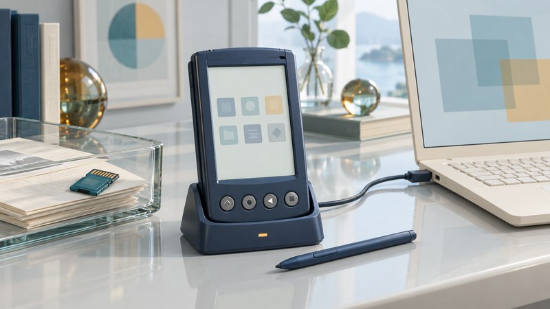 A classic stylus PDA sits in a sync cradle beside a laptop, memory card and archive tray.