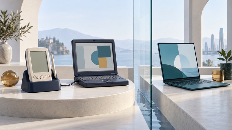 An ivory stylus PDA and older laptop occupy a separate platform from a modern teal laptop.