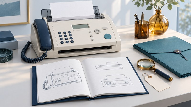A generic older fax phone beside an open illustrated manual, magnifying glass and teal document folder.