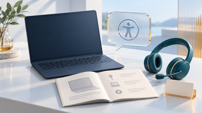 A laptop, headset, product manual and glass accessibility symbol on a desk.