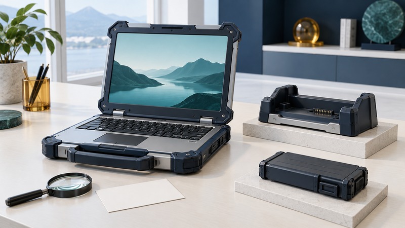 A rugged navy laptop sits beside a docking cradle, spare battery, and blank inspection card.