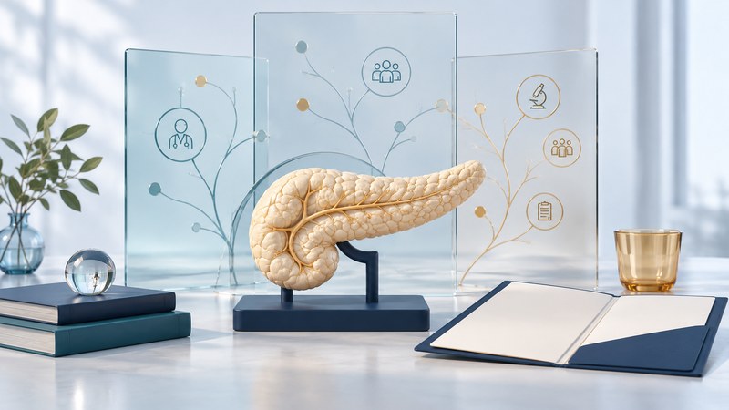 An ivory pancreas model with conceptual glass panels and an open consultation folder.