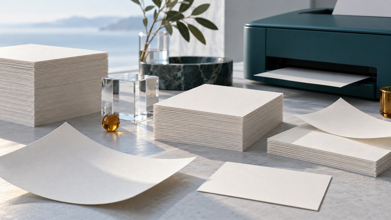 Stacks of ivory paper and loose sheets of different thicknesses sit beside a teal printer.