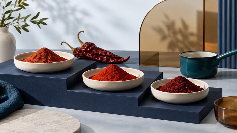 Three dishes of red paprika on navy platforms with dried peppers and a teal saucepan.