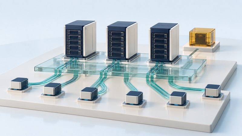 Multiple client blocks connect through teal paths to three storage nodes and a separate control block.
