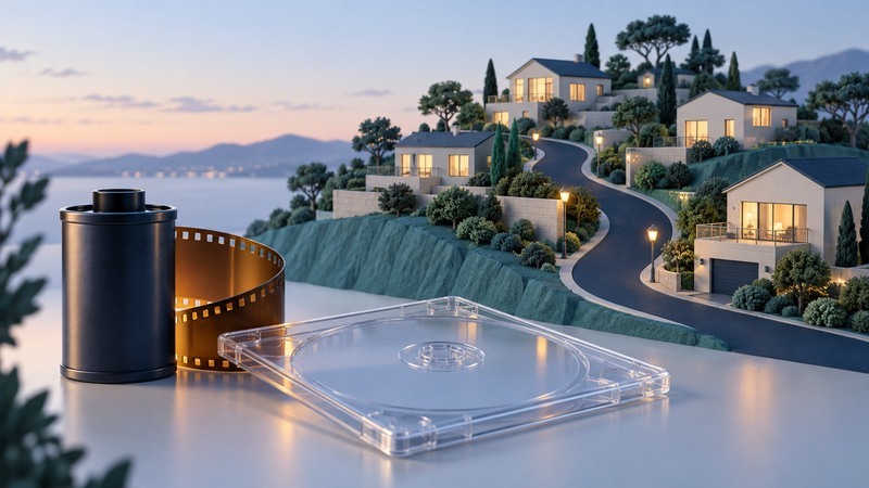 Ivory houses on a teal hillside stand behind a navy film canister and transparent disc case.