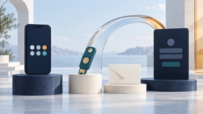 A navy phone with abstract dots, a teal security key, an ivory recovery envelope and a dark login panel.