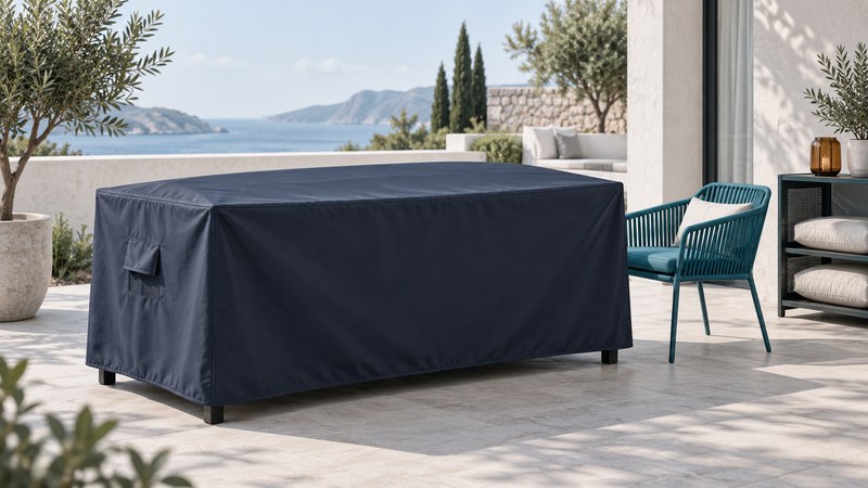 A fitted navy cover over a patio table, with a side vent and a raised hem, beside a teal chair and cushion shelf.
