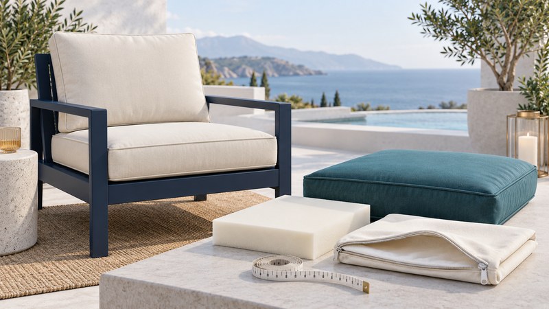 A navy patio chair with ivory cushions beside a teal spare cushion, foam insert, zippered casing, and measuring tape.
