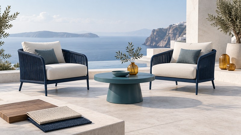 Two navy patio chairs with ivory cushions flank a teal table, with wood and fabric samples in the foreground.