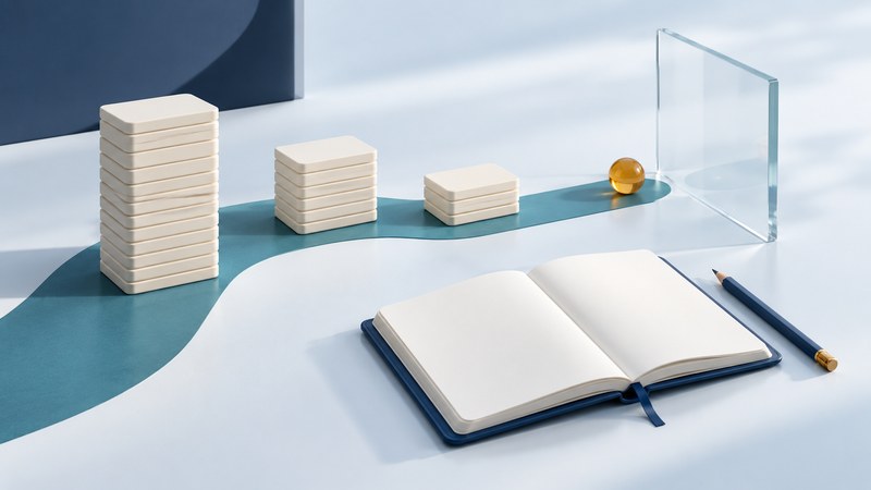 Descending stacks of ivory tiles follow a teal path beside an open notebook and amber milestone.