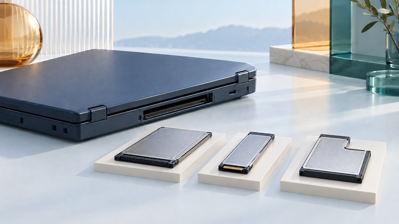 Three differently shaped legacy expansion cards sit in separate trays beside a laptop.