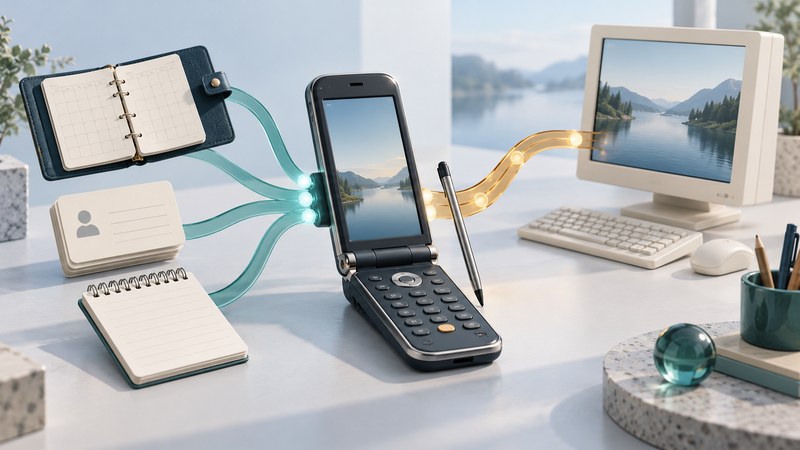 Conceptual folding PDA phone with stylus, planner, contact cards, and an ivory computer linked by teal and amber paths.