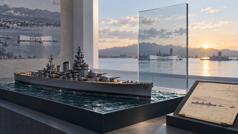 A battleship model, an archival harbor drawing and a view of the Arizona Memorial form a quiet museum display.