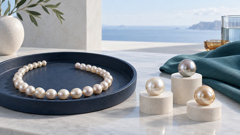 A pearl strand in a navy tray beside three loose pearls and a soft teal cloth.