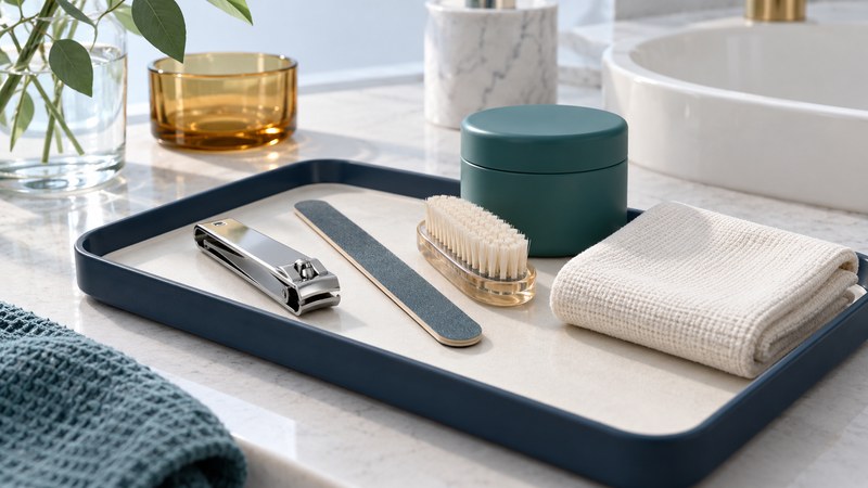 A straight-edged toenail clipper, emery board, small brush, cloth and teal container on an ivory-lined navy tray.
