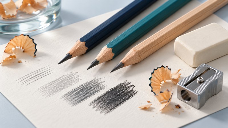 Three wood-cased graphite pencils sit beside shaded marks, an eraser, a sharpener and curled shavings.
