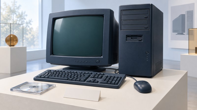A period-inspired navy computer tower, CRT display, keyboard and mouse beside an optical disc and blank inventory card.