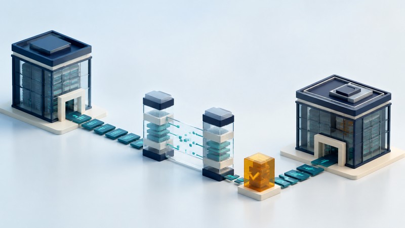 Two enterprise data buildings connect through teal record tiles and a central glass verification gate.