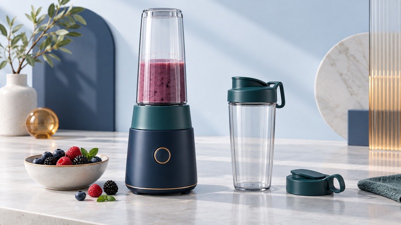 A navy personal blender with a cool berry mixture in an inverted cup beside a travel cup and berries.