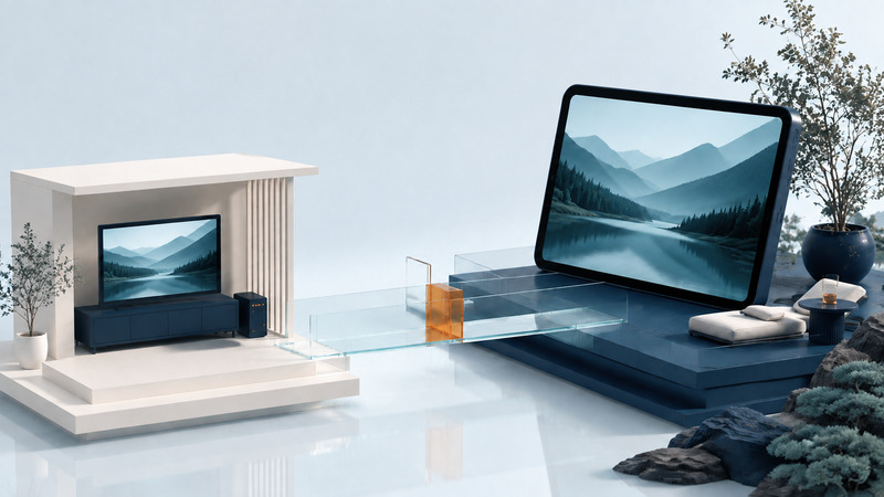 A miniature home television and server face a larger tablet across a glass bridge, both screens showing the same mountain scene.