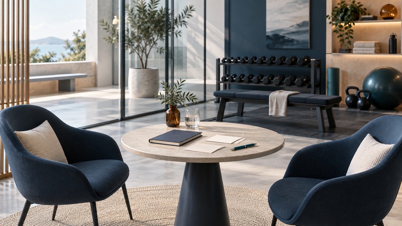 Two navy chairs face a consultation table, with a notebook and a training area behind glass.