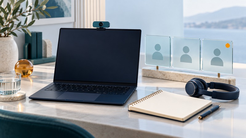 A navy laptop, teal webcam, headset, and blank notebook sit beside three glass participant tiles.