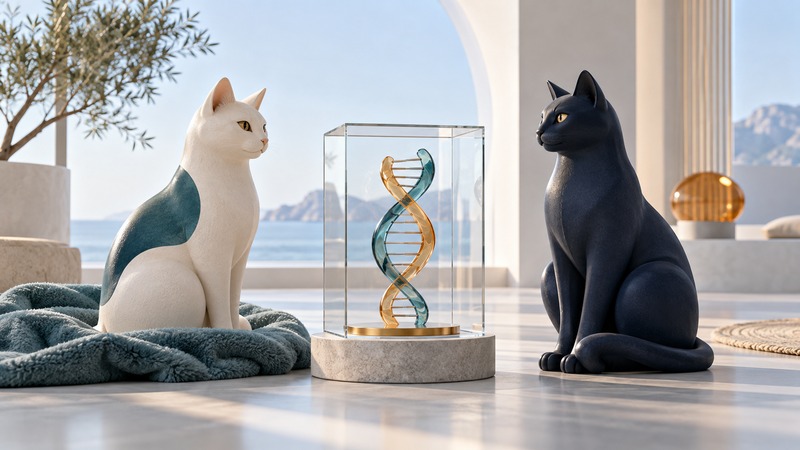 Two distinct ceramic cat sculptures sit apart with a glass DNA sculpture between them and a soft blanket nearby.