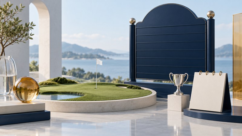 A miniature green sits beside a blank navy leaderboard, simple silver trophy and blank desk calendar.