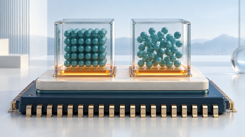 Ordered and disordered teal spheres in two transparent boxes on a conceptual memory chip.