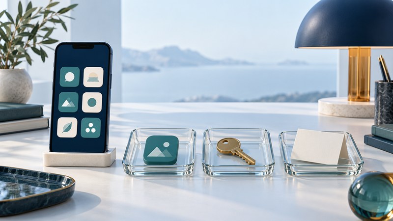 A navy phone with abstract app tiles beside glass trays holding an app tile, a key, and a blank file card.