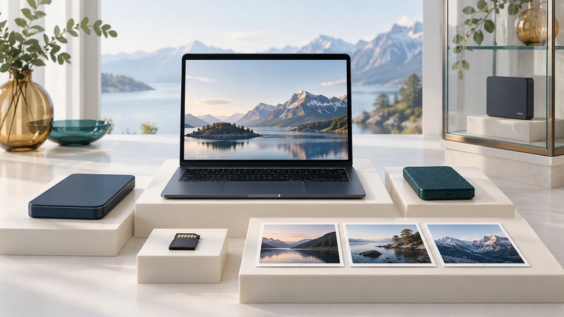 A laptop, separate storage drives, a memory card and landscape prints arranged on ivory platforms.