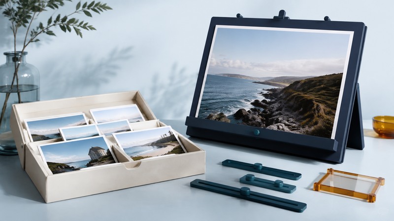 Landscape photographs fill an ivory archival tray beside a navy easel and physical adjustment sliders.
