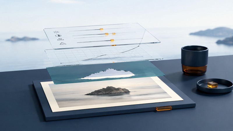 Glass adjustment layers and a teal mask hover above a coastal photograph on a navy desk.