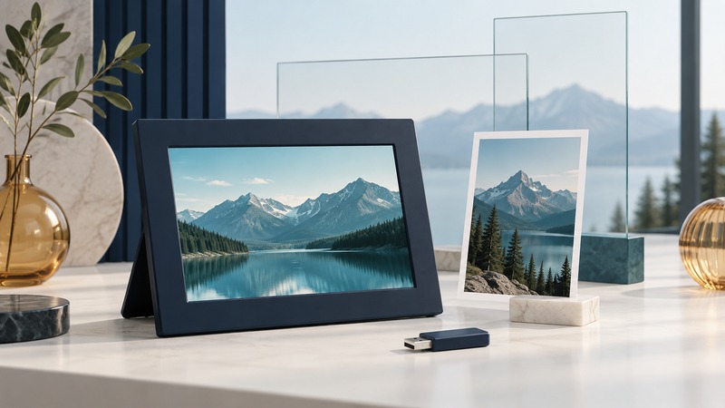A navy digital frame displays mountains beside a vertical print and a USB stick.