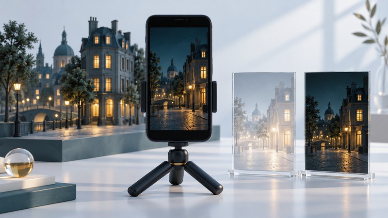 A phone on a small tripod displays a dark streetscape beside pale and darker versions of the same invented scene.