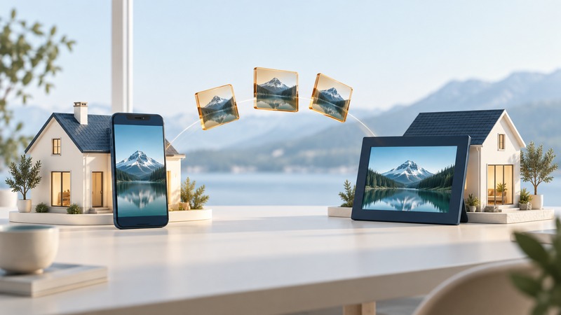 A phone beside one miniature house sends photo tiles toward a digital frame beside another house.