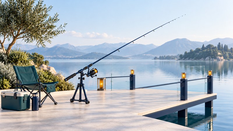 A fishing rod and teal seat stand beside a broad level path leading onto a lakeside pier.