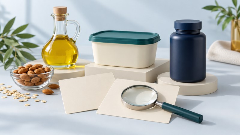 Vegetable oil, almonds, oats, a plain spread tub and a navy bottle sit behind blank cards and a magnifying glass.