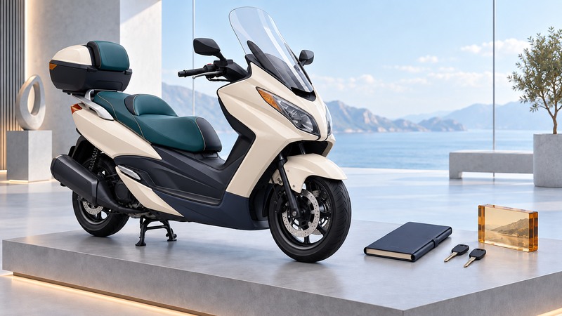 An ivory maxi scooter with a tall windscreen beside a notebook and two keys.