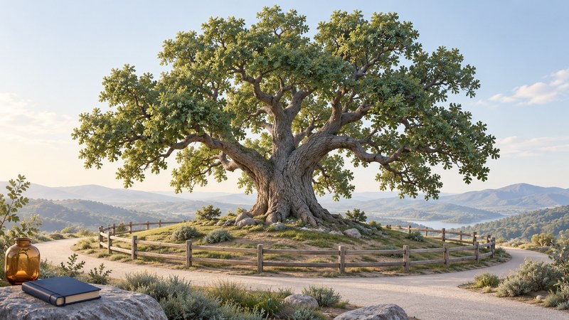 A broad mature oak stands inside a low wooden fence with a path around it in a conceptual landscape.